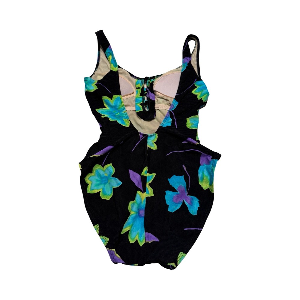 La Bianca Vintage 90s Floral Ribbed One Piece Swimsuit Black Teal Purple‎ Size 6 - Picture 4 of 4
